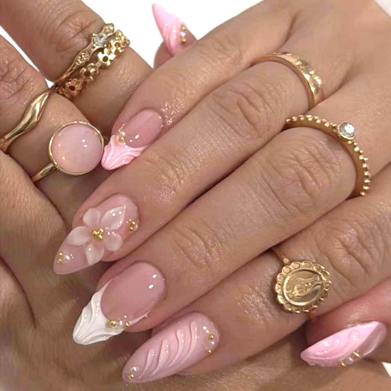24Pcs Pink Flower Press on Nails Medium Almond French Tip Fake Nails with 3D Gold Beads Pearl Design Cute Flowers False Nail Nude Glossy Full Cover Spring Summer Floral Acrylic Stick on Nail for Women