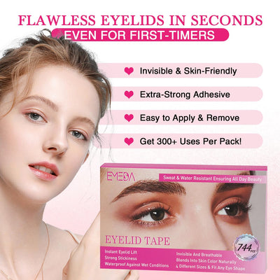 Invisible Double Eyelid Tape Strip - 744 pcs Eyelid Tape for Hooded Eyes Invisible, Droopy & Uneven Eyes, Ultra-Thin & Breathable Surgery-Free Lift, Long-Lasting Eye Lift (4 Size Mixed)