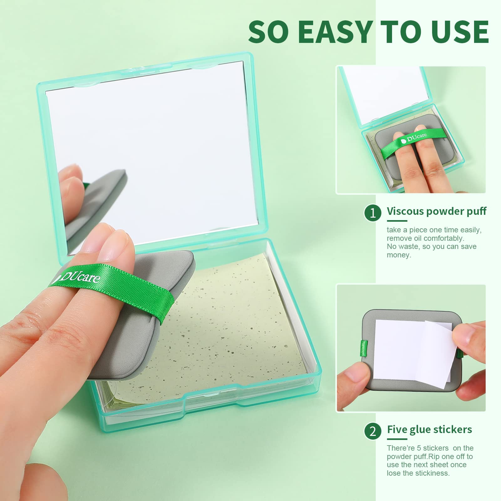DUcare Oil Blotting Sheets for Face Green Tea Blotting Paper For Oily Skin with Portable Mirror Case & Makeup Puff, Oil Absorbing Sheets For Face 100 Counts