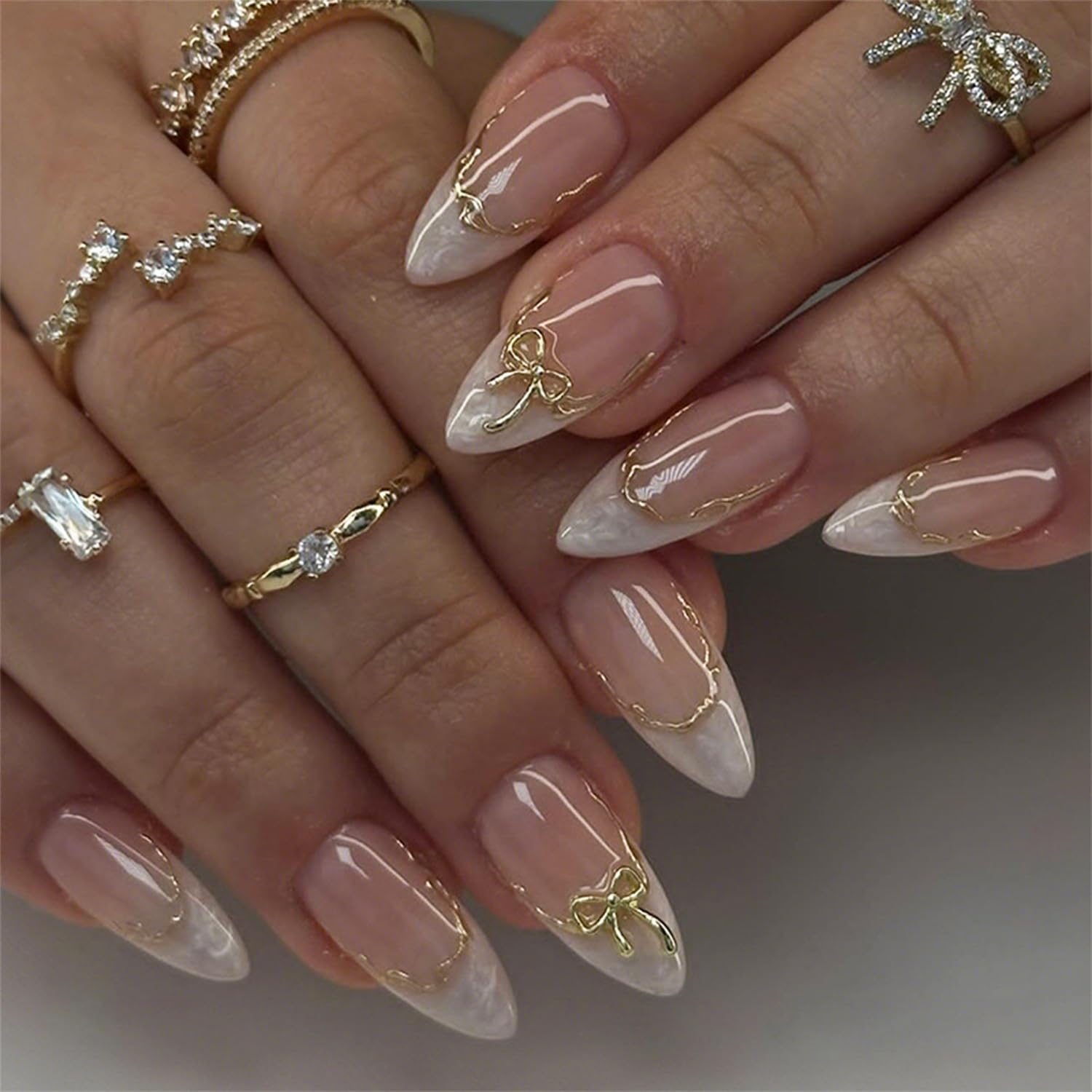 24Pcs French Press on Nails Almond Fake Nails Tip with 3D Gold Bow Lines Design White French Nails Exquisite Cute Bows False Nails Artificial Nails Acrylic Stick on Nail for Women Manicure Decoration