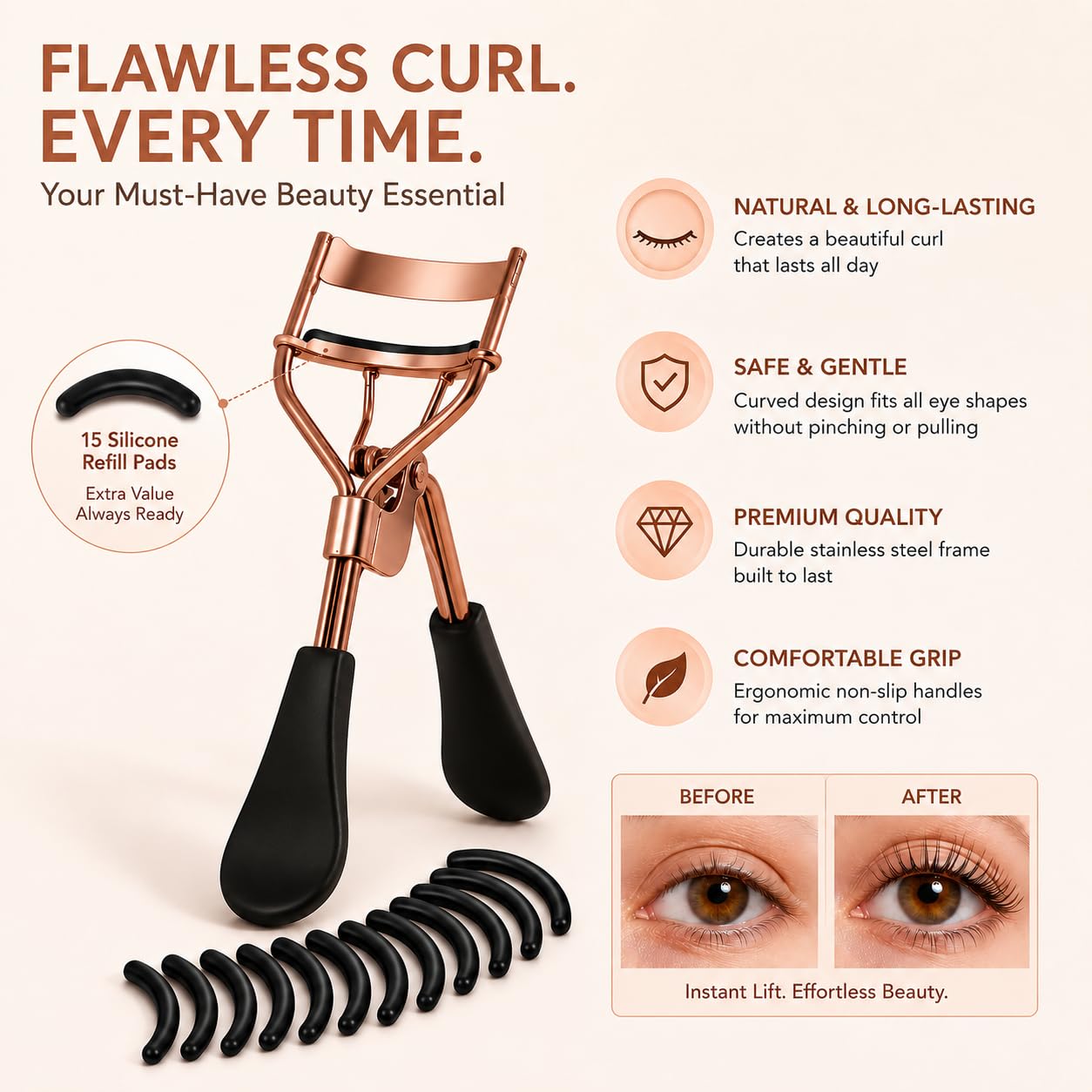 Portable Eyelash Curler with 15 Silicone Pads, Reusable Stainless Steel Lash Curling Tool for Extensions & DIY