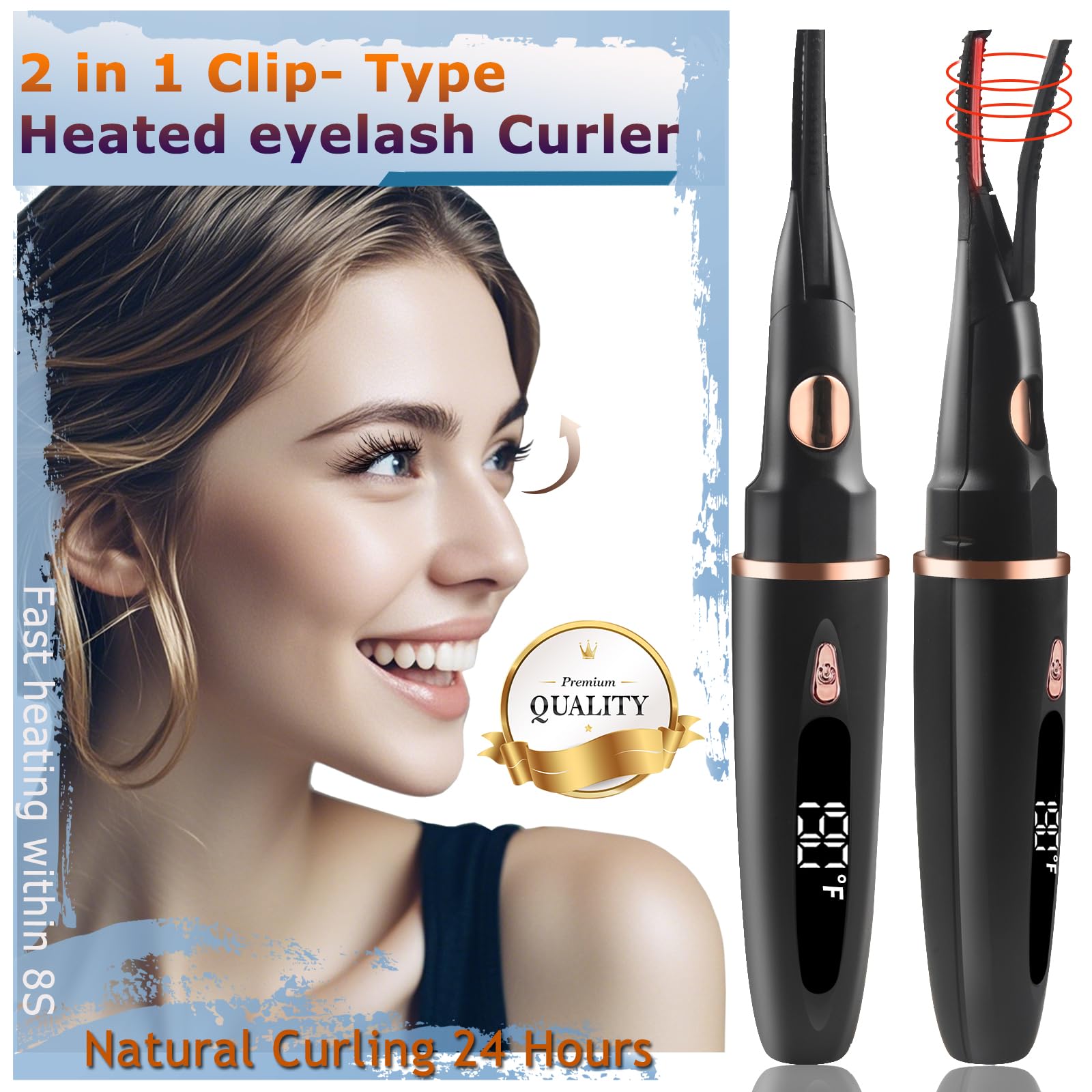 Heated Eyelash Curlers - 2 in 1 Clip- Type Heated lash Curler Best Seller Electric Eyelash Curler LED Display 3 Temp Settings for Makeup Tools USB Rechargeable Natural Curling 24H Long Lasting QI1