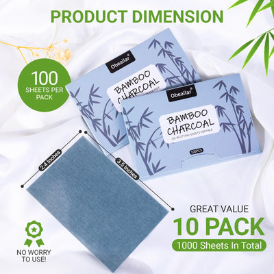 Obeailar Oil Blotting Sheets For Face, 1000 Sheets Bamboo Charcoal Blotting Papers For Face (100 Sheets In 10 Packs), Oil Absorbing Sheets For Oily Skin & All Skin Types, Oil Remover For Women & Men