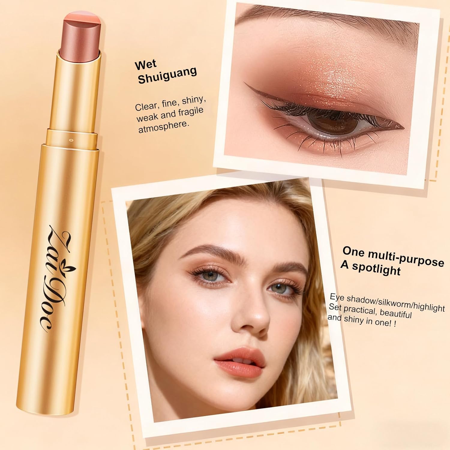 3 Color Eyeshadow Stick, Long Lasting & Waterproof Creamy Eye Shadow, with Vitamin E Makeup for Day & Night Look, caffeine orange, 1.13 Oz (Glittering rose)