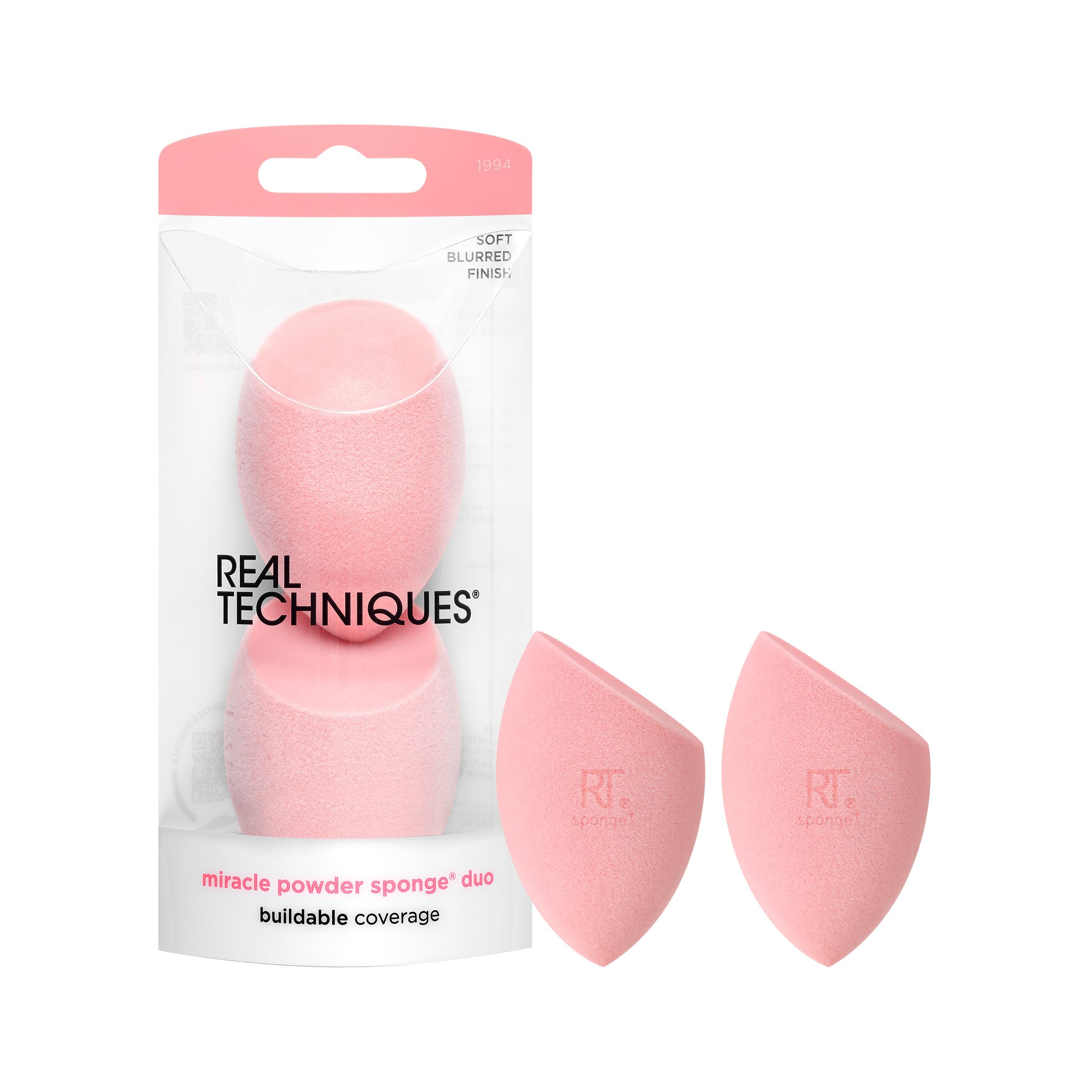 Real Techniques Miracle Powder Sponge, Makeup Blending Sponge For Powder Products, Set Makeup For Natural Finish & Cloud Skin, Buildable Coverage, Velvet Material, Latex-Free Foam, 2 Count