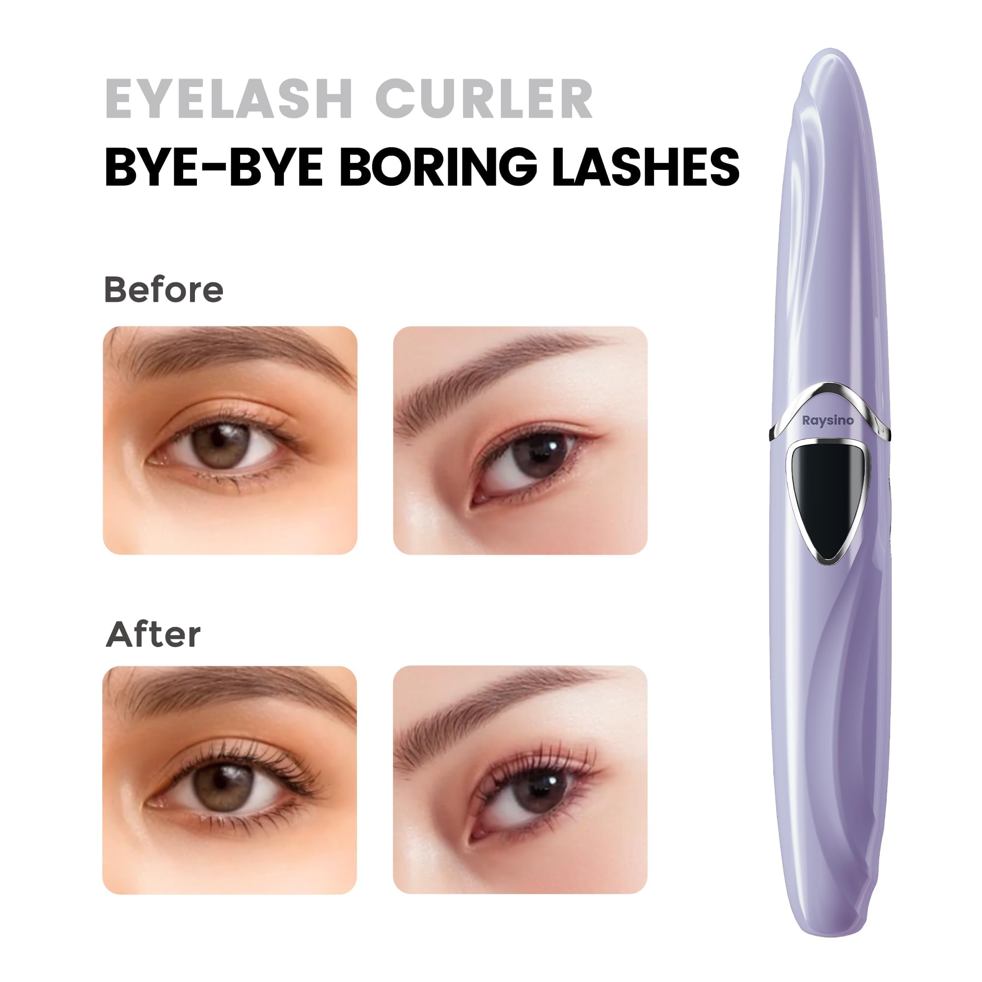 Raysino Heated Eyelash Curler, S600 Rechargeable Heated lash Culer, Eyelash Curer Heated in 8s for 24 Hs Long Lasting Natural Makeup (Lilac/Silver, 148MM)