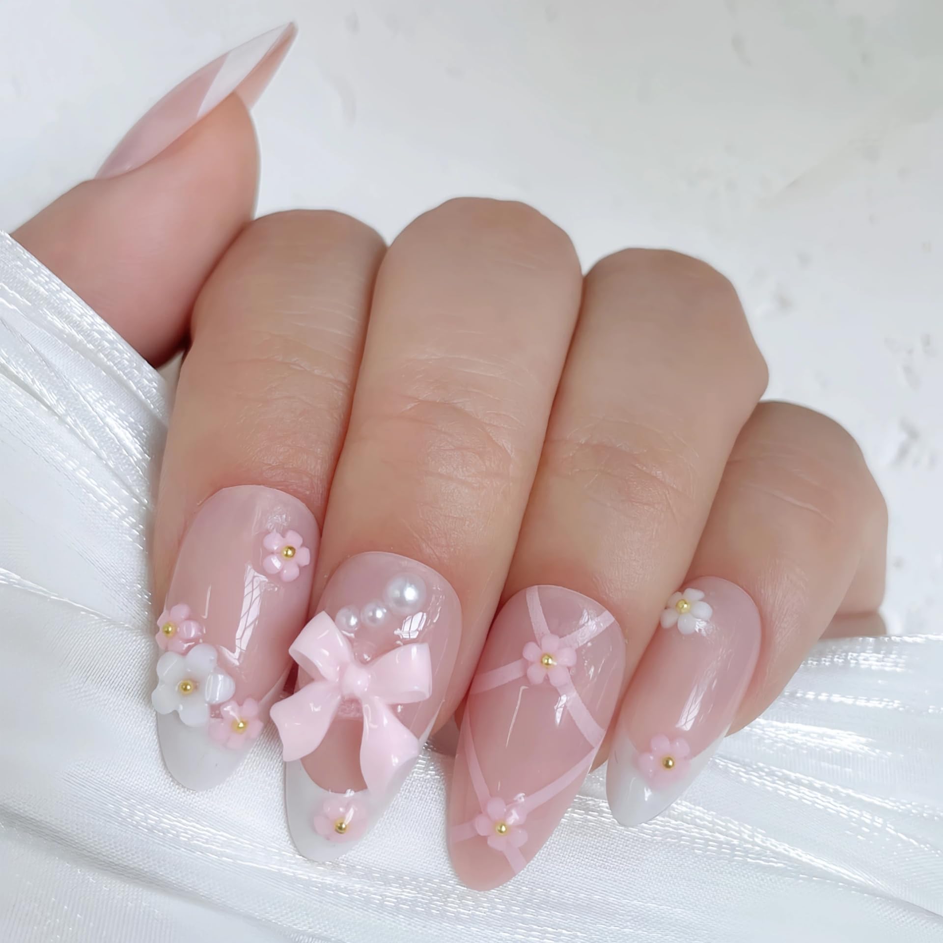 VELINNA Coquette Bow Press-On Nails, 24pcs Blush Pink French Tip Almond Fake Nails with 3D Bow & Pearls, Medium Length Reusable Glue-On Nails Kit for Wedding, Prom & Date