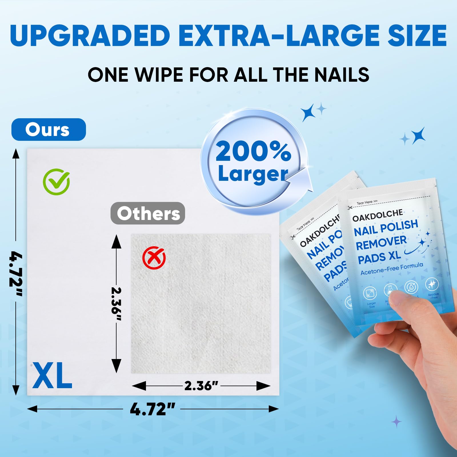 OAKDOLCHE Extra Large Nail Polish Remover Pads(12×12cm), Acetone-free Nail Polish Remover Wipes, Easily & Quickly, Professional Individually Wrapped Wet Wipes for Home & Salon Supplies, 40 PCS