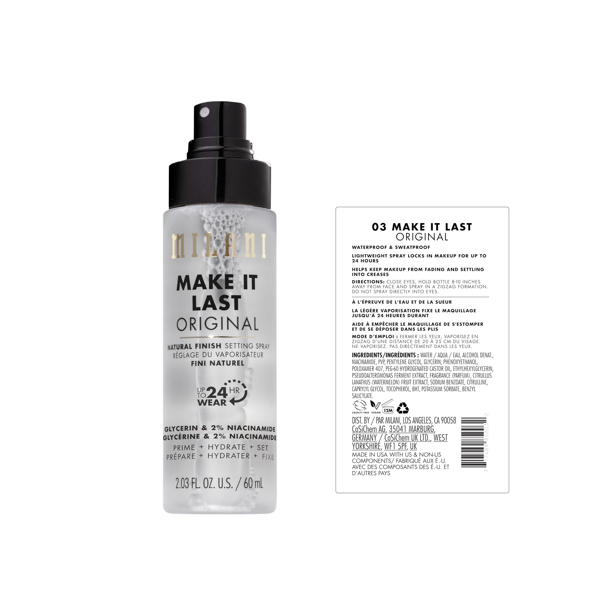 Milani Setting Spray + Primer, Make It Last Original - Natural Finish with Niacinamide for Hydration, Setting Spray for Makeup and Face Primer, 3-in-1 Prime + Hydrate + Set, 2.03 Fl. Oz