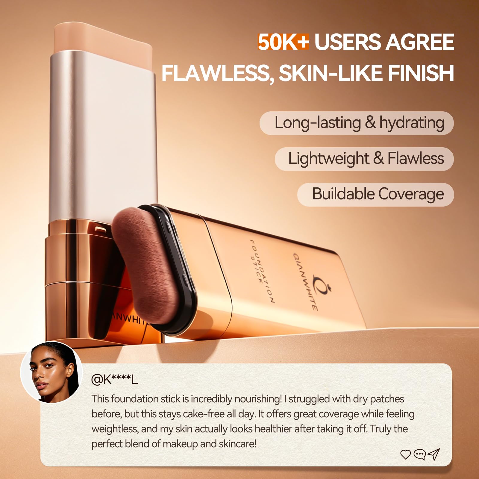 QIANWHITE Korean Foundation Stick Foundation for Mature Skin Tint, Buildable Light to Medium Coverage Foundation Makeup Concealer, Dual-Ended with Brush for All Skin -Natural Dewy Finish (NATURAL)