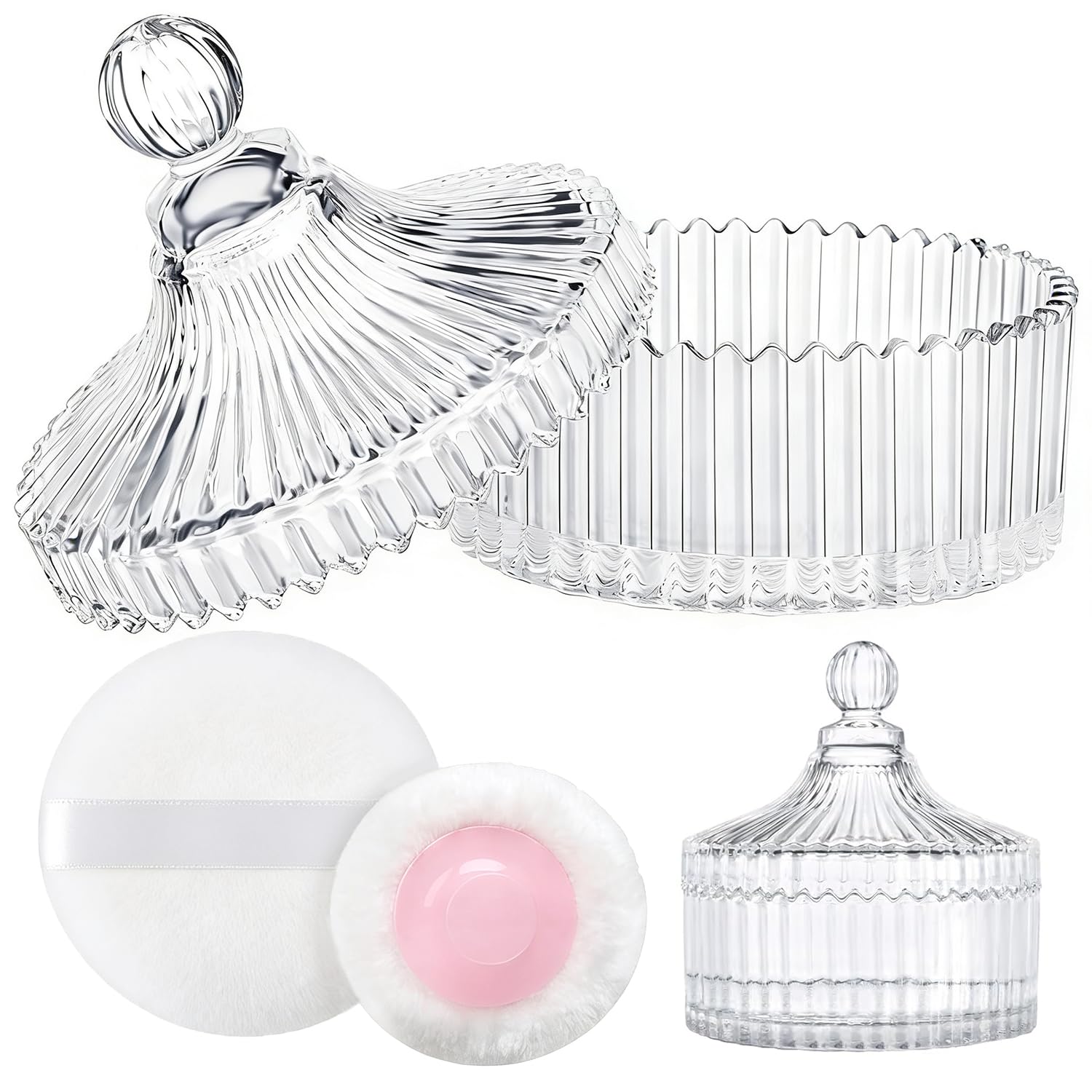 LAKIRA Large Body Powder Puff and Container, 2 Large Powder Puffs, Crystal Powder Container with 3.93" Puff for Baby Women, Dusting Powder Container with Puffs for Women, Bath, Home Use (4″ Pure)