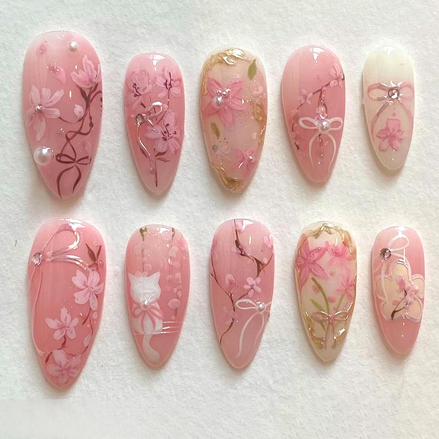 24Pcs Pink Peach Blossom Press on Nails Medium Almond Fake Nail with 3D Pearl Bow Designs Flower False Nails Cute Cat Stick on Nails Almond Shape Acrylic Nails Set for Women Daily Wear