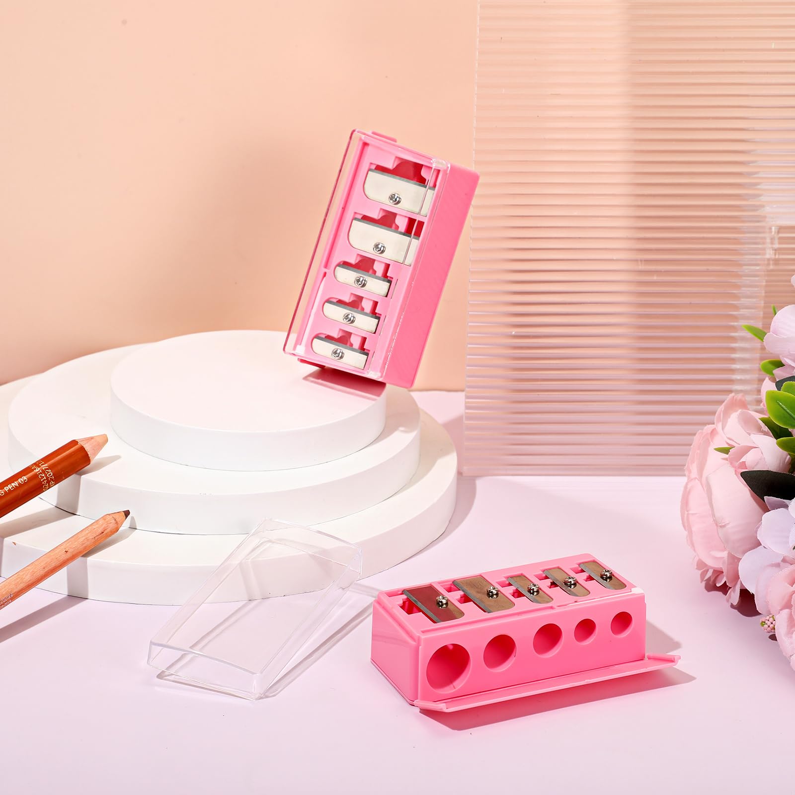 Honoson 2 Pcs 5 Hole Cosmetic Long Point Manual Pencil Sharpener with Plastic Lid Makeup Eyeliner Pencil Sharpener(Hot Pink)