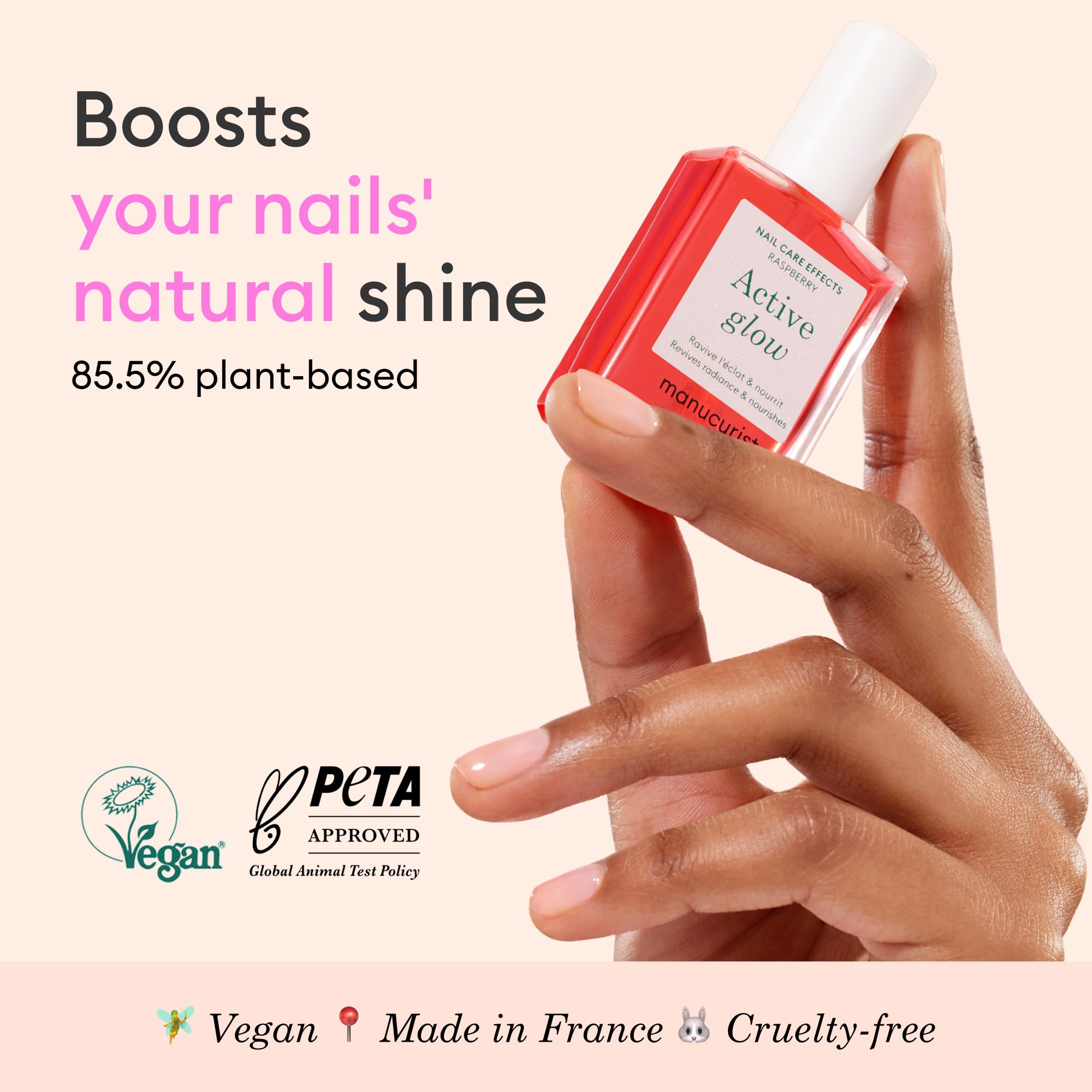 Manucurist Active Glow Raspberry Nail Polish & Care - Ultra-Glowy 2 in 1 Nail Concealer & Care - Plant-Based Ingredients: Sweet Almond Oil, Raspberry - Vegan & Made in France