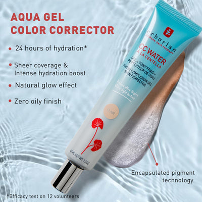 Erborian CC Water with Hyaluronic Acid, Caramel - Ultra-Light Aqua Gel Color Corrector with Centella Asiatica & Hyaluronic Acid - Plump, Soft & Hydrated Skin - Korean Skincare Skin Perfector – 0.5 Oz