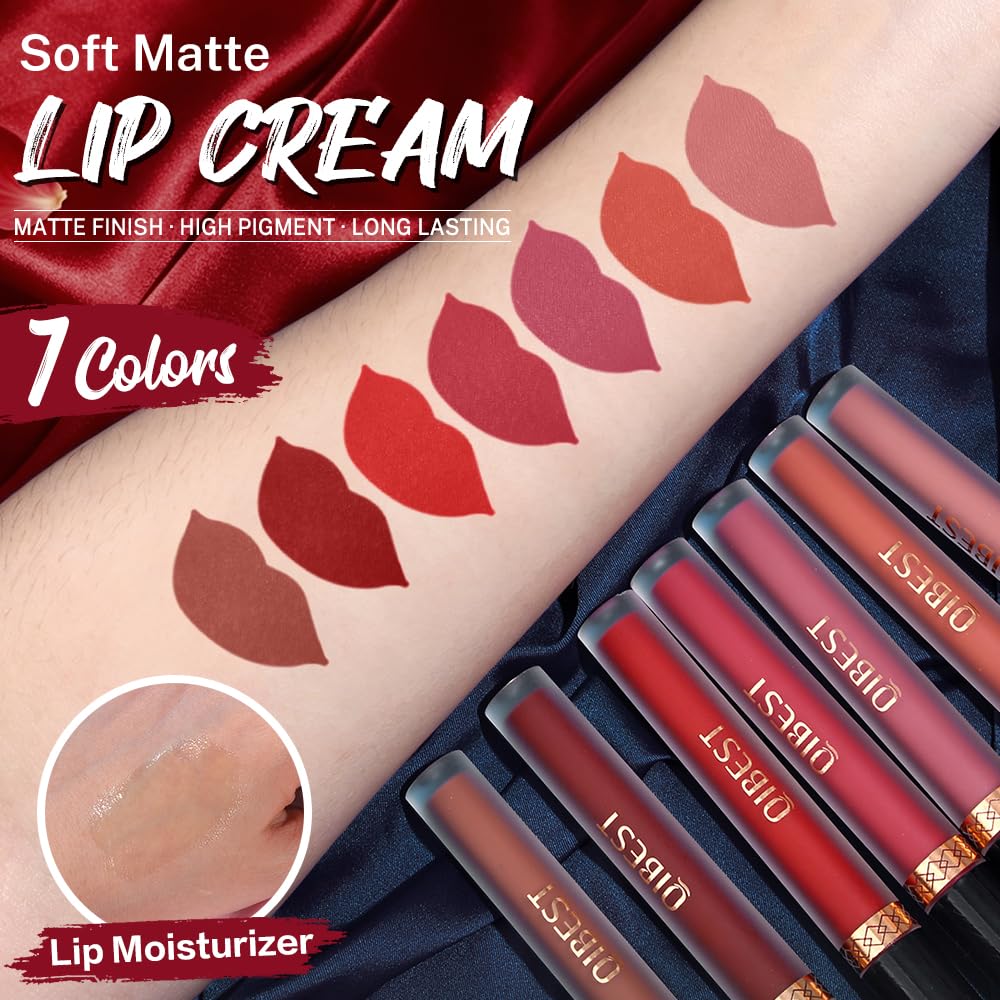 QiBest 7Pcs Matte Liquid Lipstick + 1Pcs Lip Plumper Makeup Set Kit, Pigmented Long Lasting Lip Gloss Set, Velvet Waterproof Halloween Lip Makeup Valentine's Day Gift Sets for Girls and Women