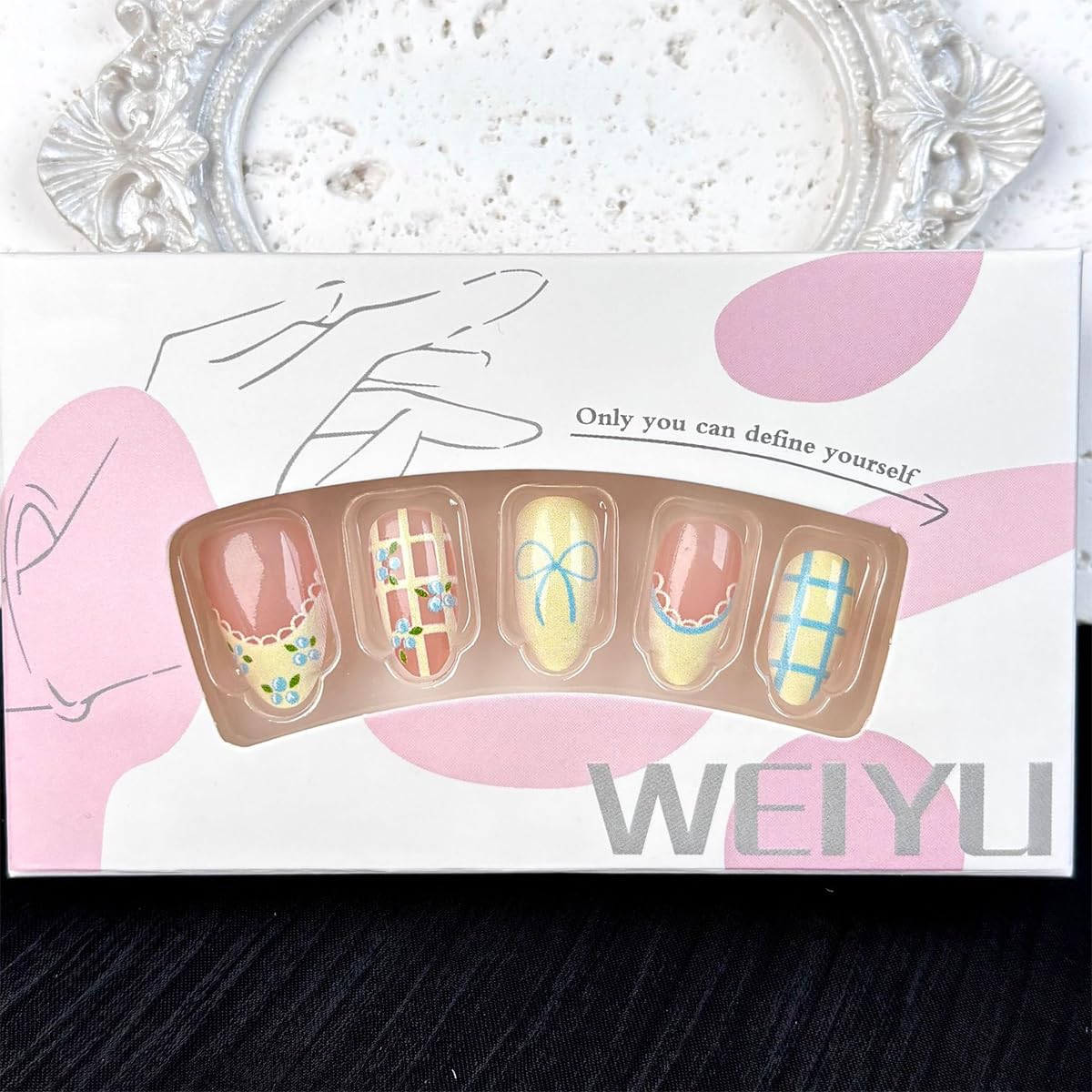 30 Pcs Cute Press on Nails Medium Almond Fake Nails with Bow Lace Blueberry Design Reusable Acrylic Stick on Nails Kit Glossy Yellow French Tip False Nails for Women Girls Daily Party Wedding Manicure