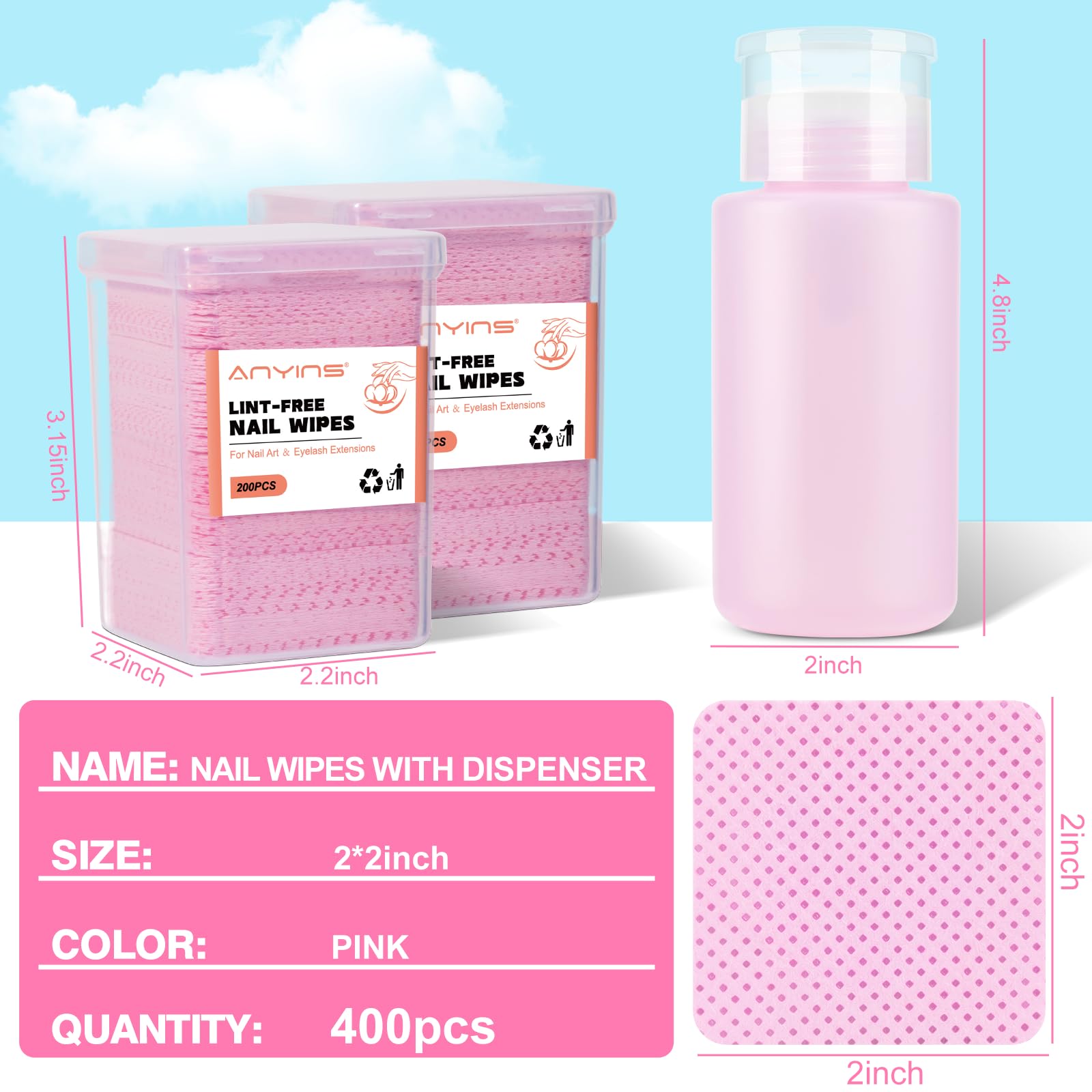 ANYINS 400PCS Lint Free Nail Wipes with Acetone Pump Dispenser, Pink Nail Polish Remover Pads with Dispenser, Eyelash Glue Cleaning Wipe with 180ML Alcohol&Acetone and Polish Remover Pump Bottle Kit