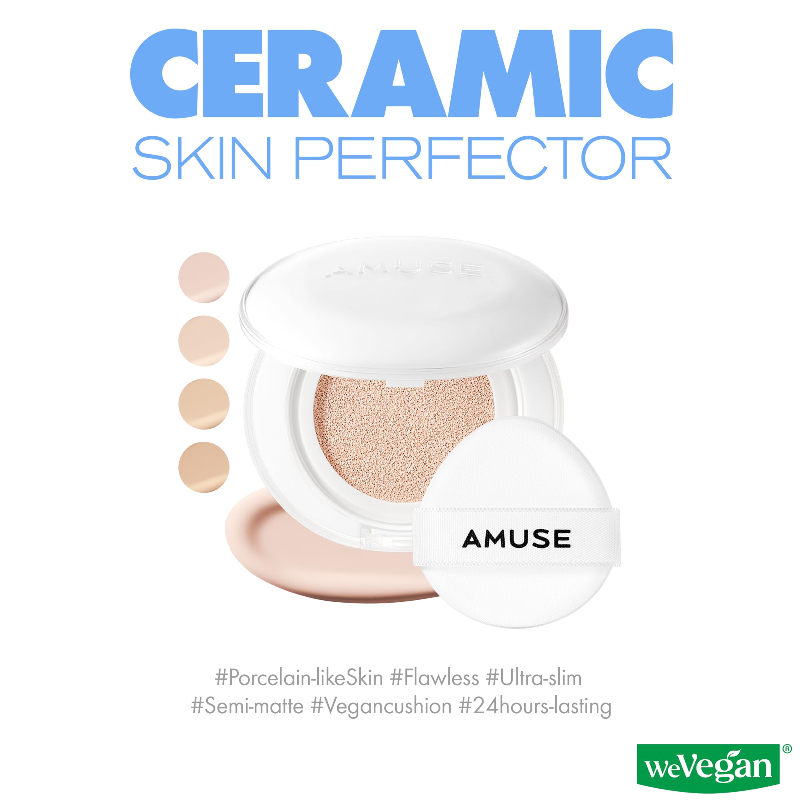 AMUSE SEOUL Ceramic Skin Perfector Cushion Foundation (01 PORCELAIN) - Flawless Coverage, Semi Matte Glow, Long Lasting, Lightweight Satin Finish, Vegan, Korean Beauty Makeup (15g / 0.52oz.)