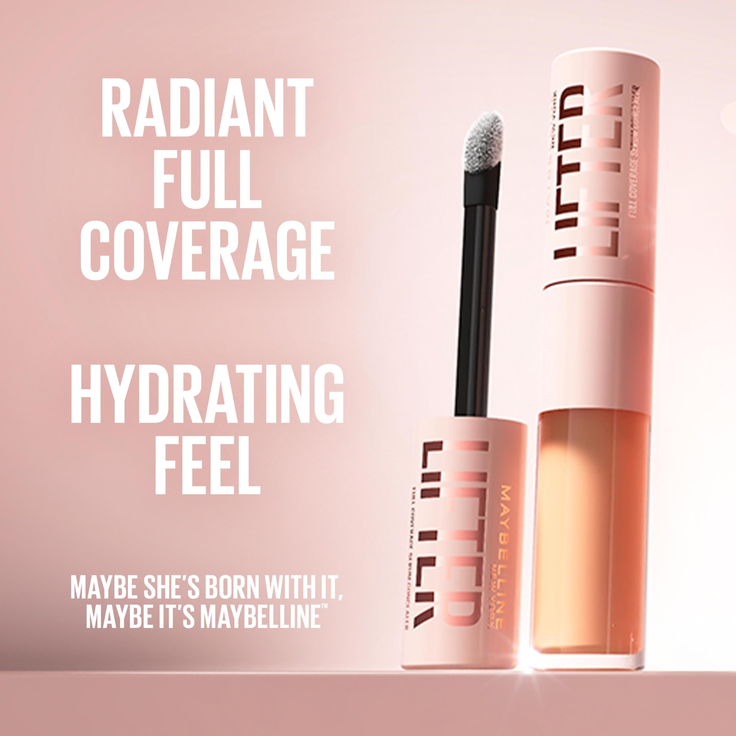 Maybelline Lifter Serum Concealer, Radiant Concealer with Full Coverage, Includes 2% Peptides + Caffeine to Hydrates & Brightens Under Eyes, 50, 1 Count