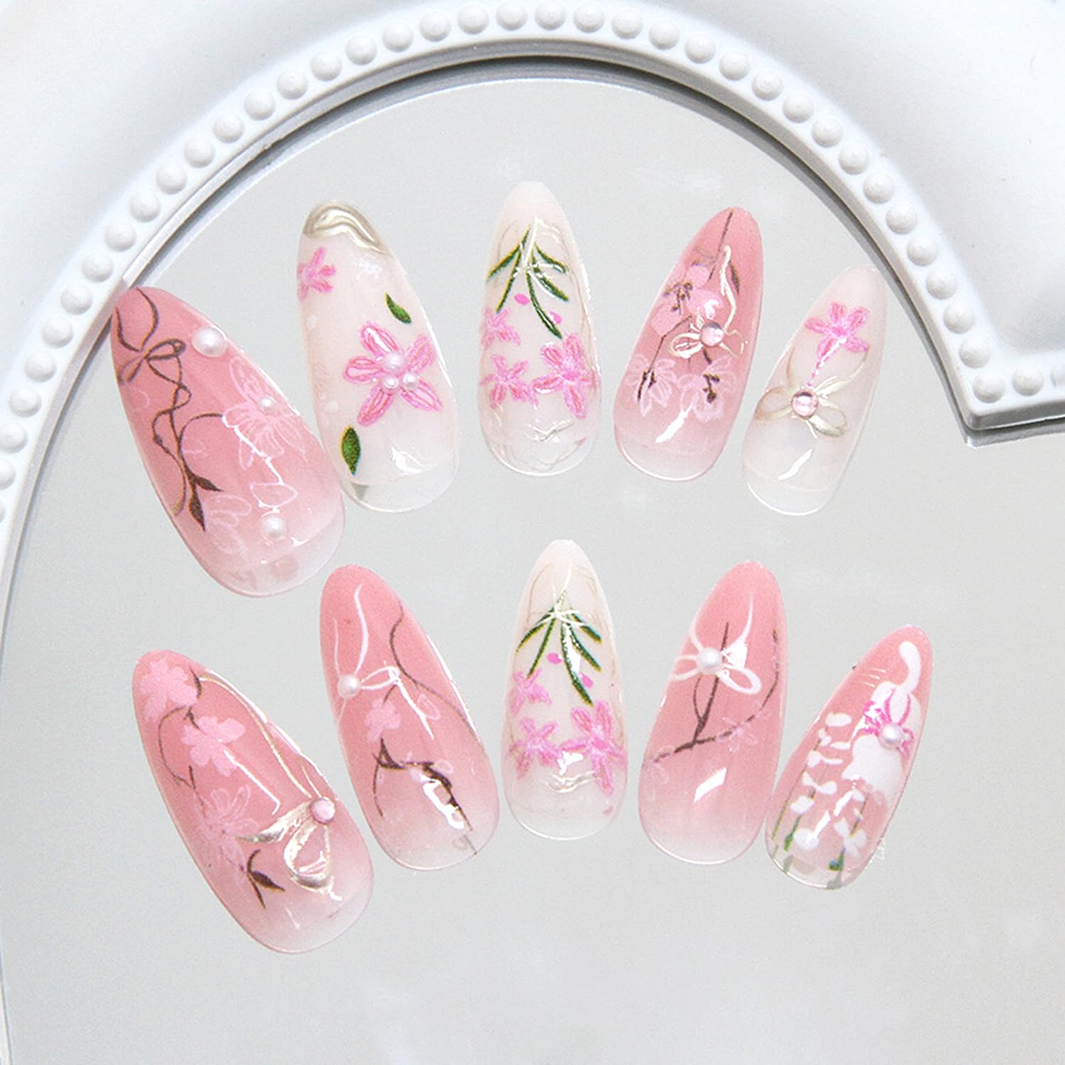24Pcs Pink Peach Blossom Press on Nails Medium Almond Fake Nail with 3D Pearl Bow Designs Flower False Nails Cute Cat Stick on Nails Almond Shape Acrylic Nails Set for Women Daily Wear