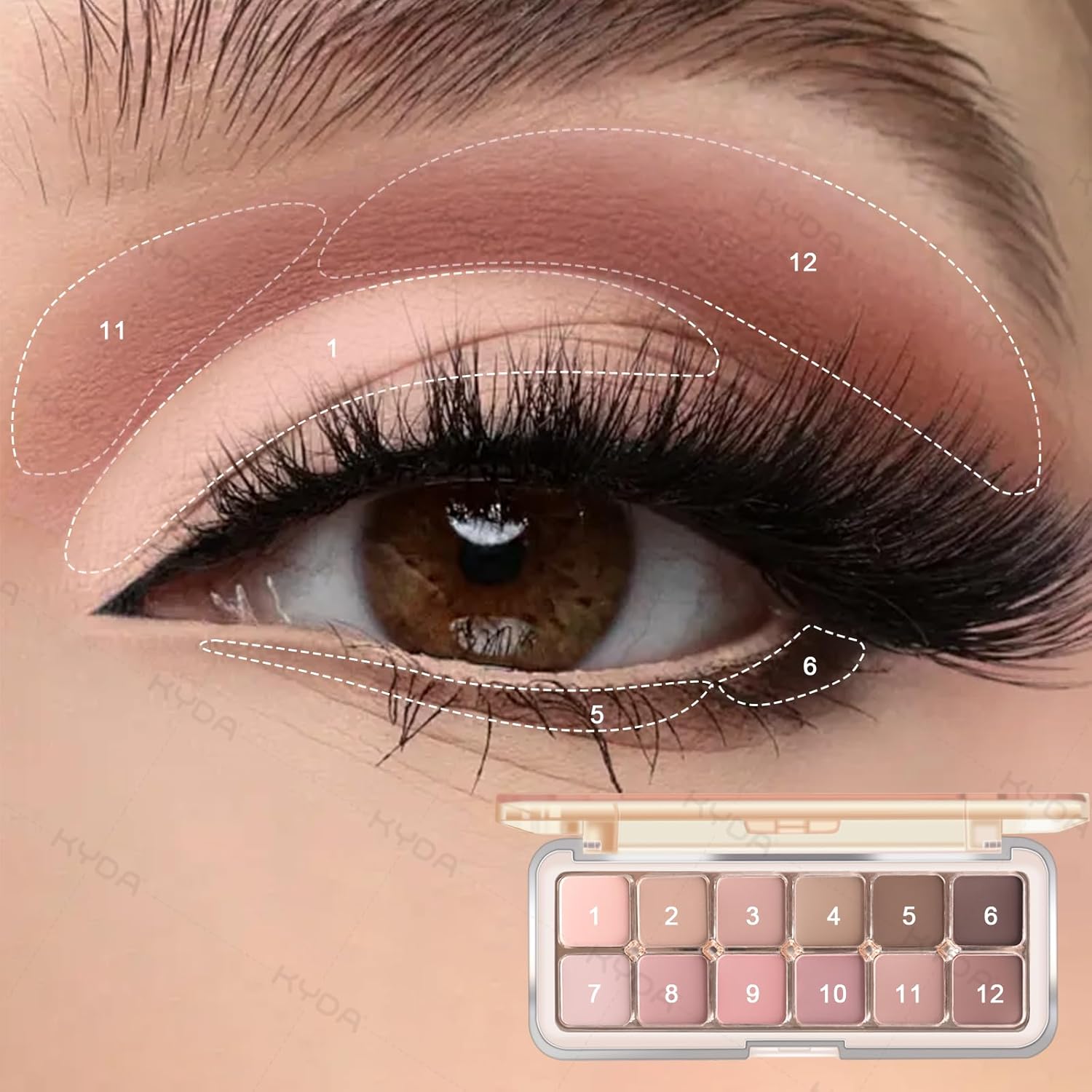 KYDA 12 Colors Grey Pink Eyeshadow Palette with Brush, High Pigment Matte Shimmer Pink Brown Eye Shadow, Netural Brown Eyes Palette for Women, Soft Blendable Powder Eyeshadow, Korean Eyes Makeup