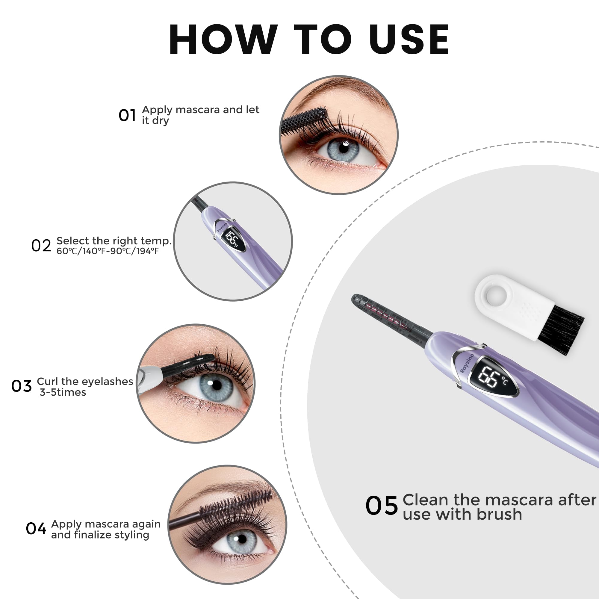 Raysino Heated Eyelash Curler, S600 Rechargeable Heated lash Culer, Eyelash Curer Heated in 8s for 24 Hs Long Lasting Natural Makeup (Lilac/Silver, 148MM)