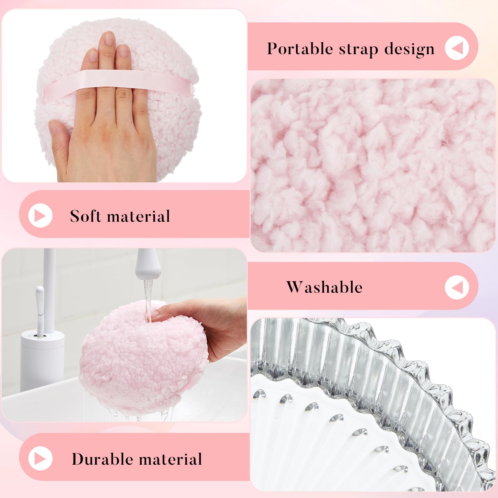 Tioncy 2 Pcs Extra Large Dusting Powder Puff and Container for Women-6'' Glass Crystal Dusting Powder Container with Body Soft Washable Reusable Velour Face(Clear,Classic)