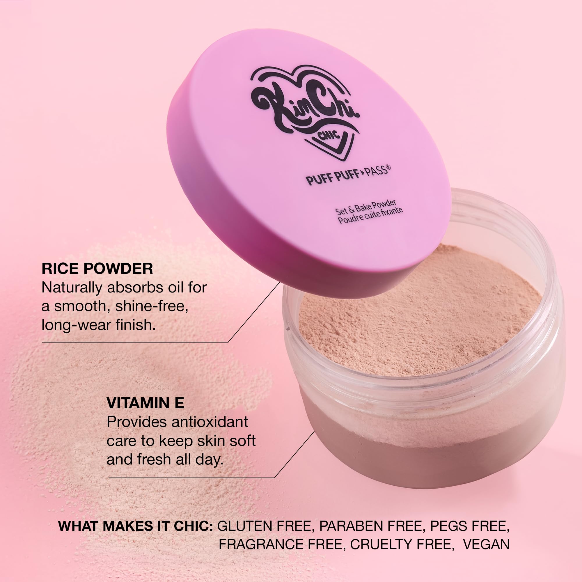 KimChiChic Beauty Puff Puff Pass Loose Setting Powder Makeup, Set & Bake Face Powder with Rice & Vitamin E, Matte Airbrush Finish, Oil Control with Velour Pad, Cruelty-Free, Translucent 0.70 oz (20 g)
