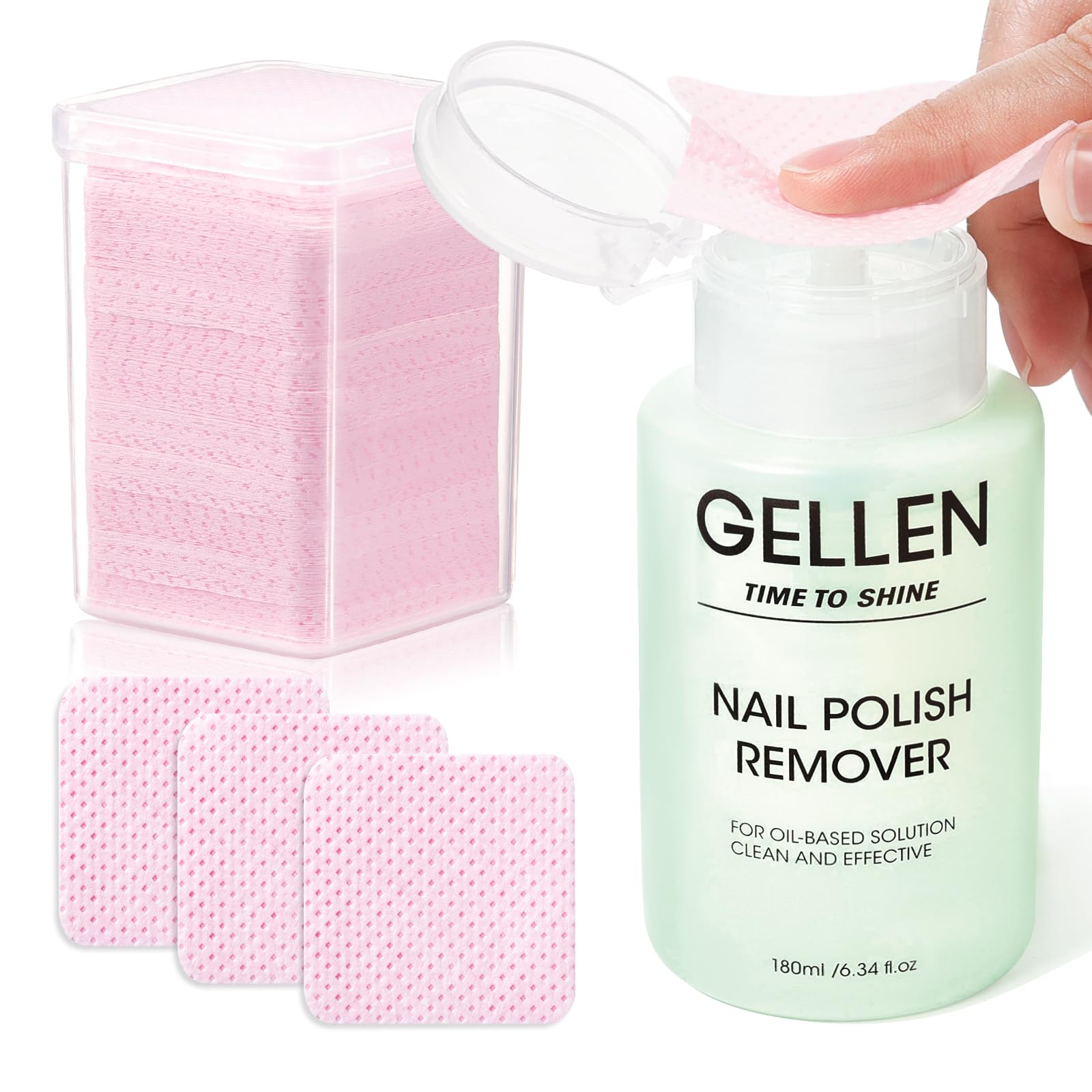 Gellen Nail Polish Remover with Lint Free Nail Wipes, 6.1 Fl.Oz Non Acetone Polish Remover Jasmine Scent, 200PCS Soft Non-Woven Nail Polish Remover Pads in One Kit for DIY at Home Salon Nail Supplies