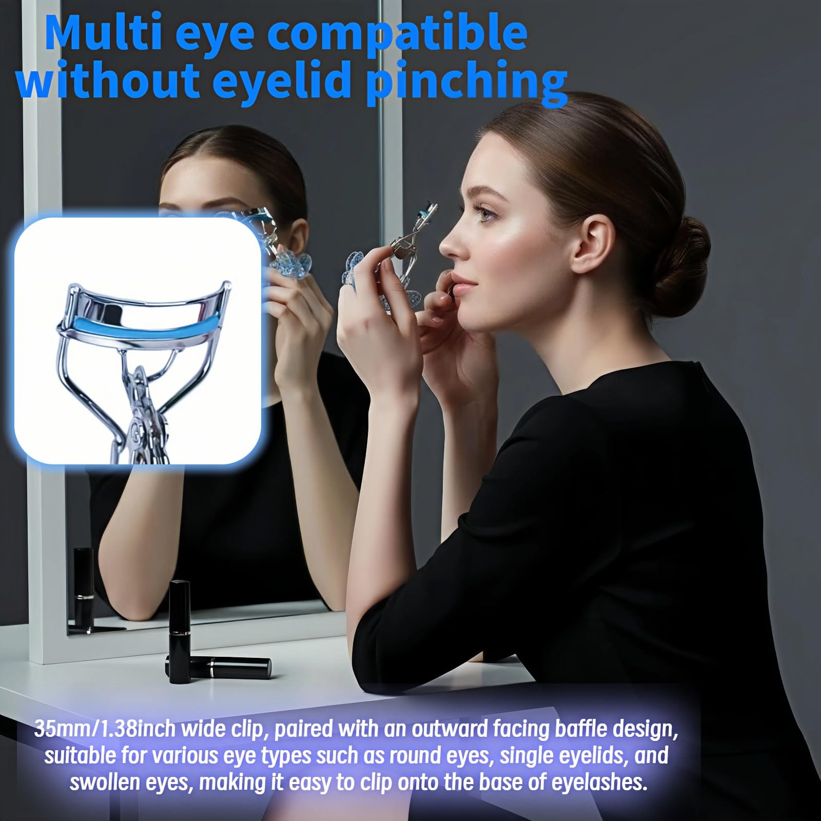 Sequin Butterfly Crystal Handle Eyelash Curler - Effortless Lifting for Straight Lashes, No-Pinch Design for Hooded & Round Eyes, Long-Lasting Curl with Durable Steel, Sunburst Effect, Blue