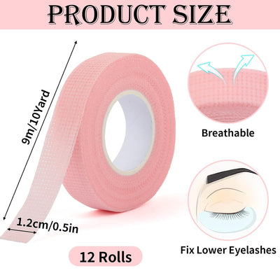 BEVTEE 12 Rolls Lash Tape, Self-Adhesive Eyelash Tape for Eyelash Extensions, Soft and Breathable Micropore Eyelash Extension Tape Supplies for Lash Clusters Eyeshadow Makeup, 9m/10yard Pink