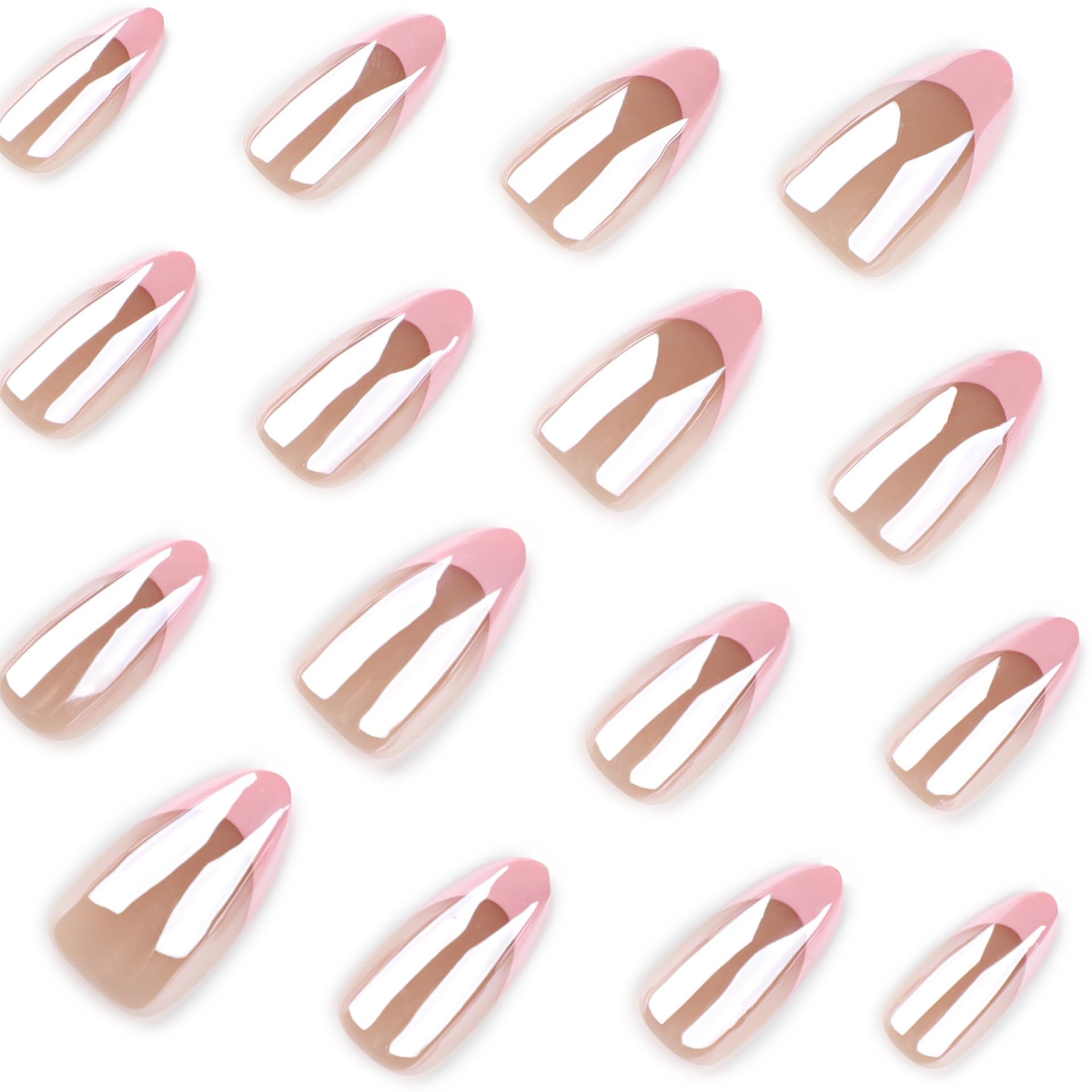 Press on Nails Short Medium Almond French Pink Fake Nails with Aurora Design Full Cover Artificial False Stick Glue ons Acrylic Nail for Women 24PCS