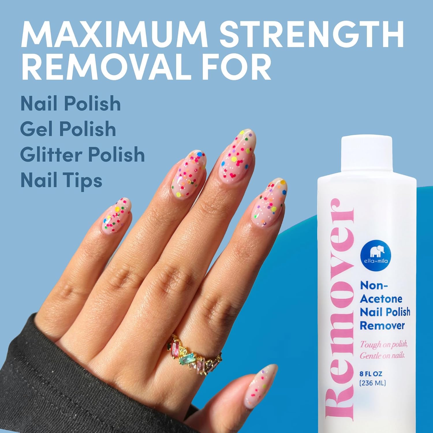 ella+mila Nail Polish Remover That Conditions While Removing – Non-Acetone, Gentle & Nourishing Formula – Vegan & Cruelty-Free – 8oz