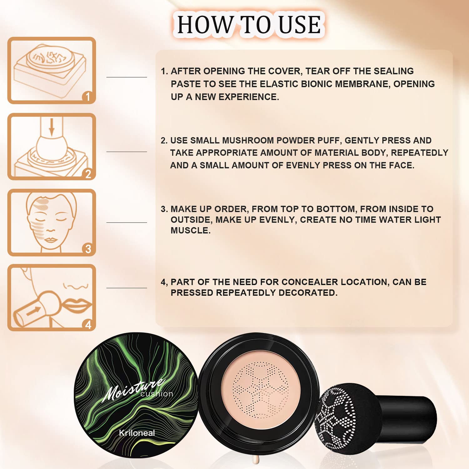 Kriloneal CC Cream Foundation Mushroom Head Air Cushion Face Makeup Moisturizing Concealer Waterproof Oil Control Long-Lasting Nude Makeup Even Skin Tone for All Skin Types (Nature)
