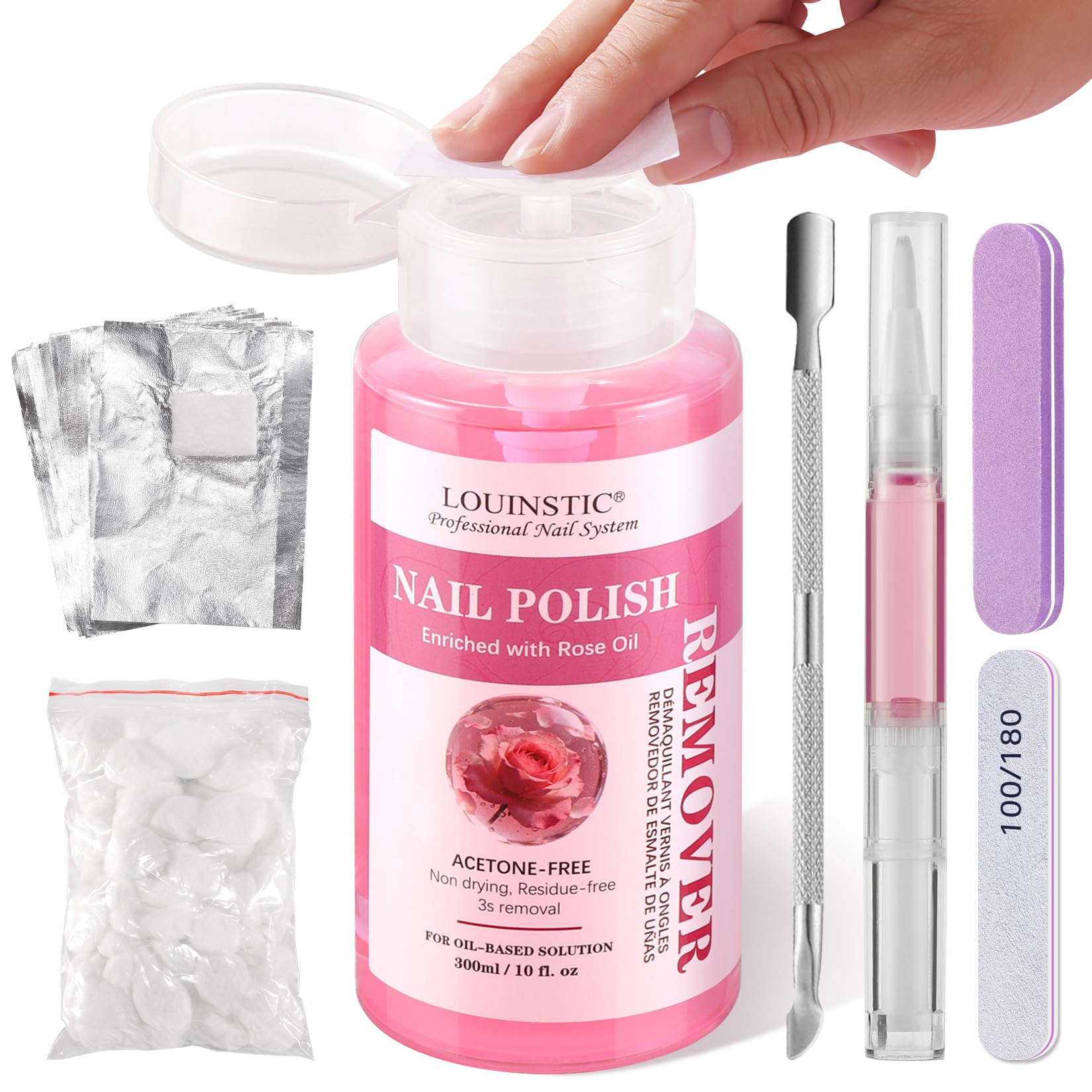 Gentle Nail Polish Remover: 10.15 Fl Oz, with Press Pump, Quickly Removes Nail Polish/Glitter/Glue/Nail Tips/Gel, Professional Nail Soak Off Kit, with Removal Tool & Rose Cuticle Oil, Salon & DIY Use