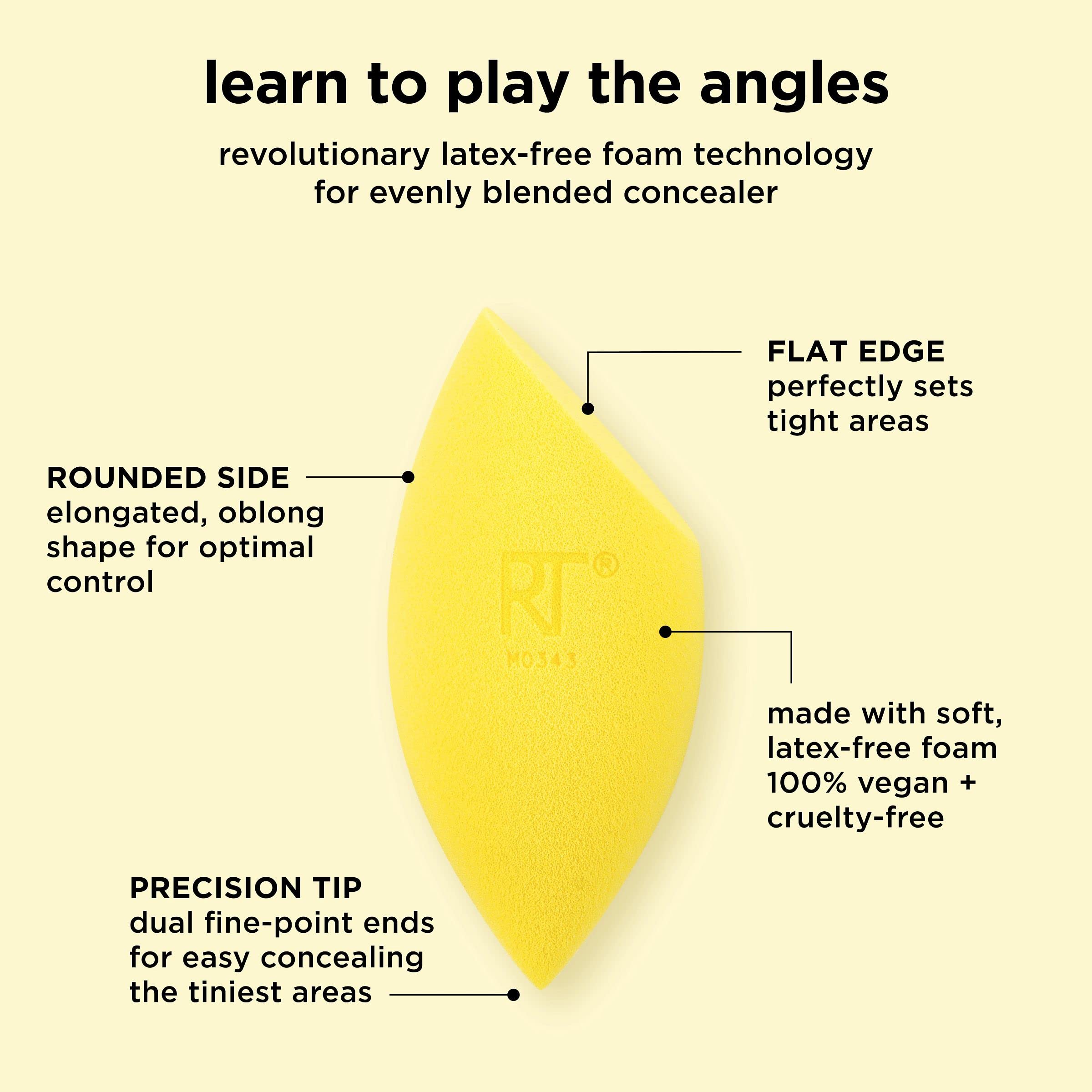 Real Techniques Miracle Concealer Sponge, Makeup Blending Sponge For Liquid & Cream Concealer, Elongated Shape For Precise Application Under Eyes & Tight Areas, Yellow, Latex-Free Foam, 2 Count