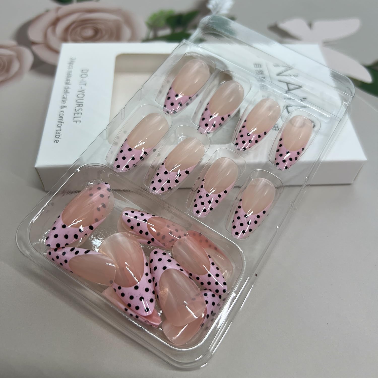 Polka Dot French Tip Press on Nails Long Almond Fake Nails with Designs Nude Pink Full cover Stick on False Nail Set for Women 24 Pcs