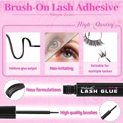 Veleasha Lash Glue Waterproof Fast Drying Eyelash Bond for False Eyelashes Long Lasting Non-Irritating Lash Adhesive with Brush (5ml / Black)