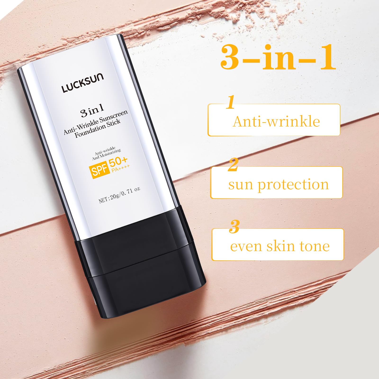 3 In 1-Luxury Anti-Wrinkle Foundation Stick SPF 50+ with Brush, Hydrating Non-Sticky Matte Foundation Stick, Travel Size Defense Face and Body Sunscreen Lotion, 1.42 Fl Oz