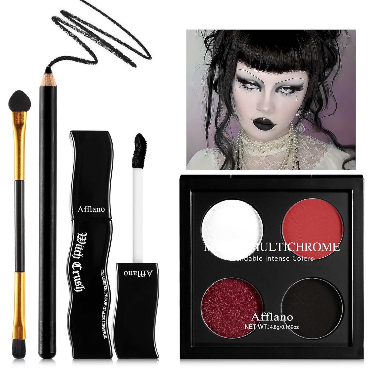 Afflano Goth Eyeshadow Makeup Kit, Multichrome White Black Red Eyeshadow Palette, Goth Black lipstick Matte Waterproof,Ultra-Pigmented Intense Metallic Smokey Eye shadow SFX Halloween Gothic Makeup