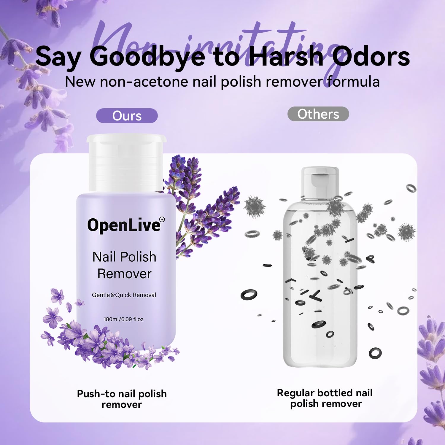 OpenLive Lavender Scent Nail Polish Remover, 180ml Non Acetone free Nail Polish Remover for Regular Nail Polish with Easy Push-down Pump, 6.08 Fl Oz