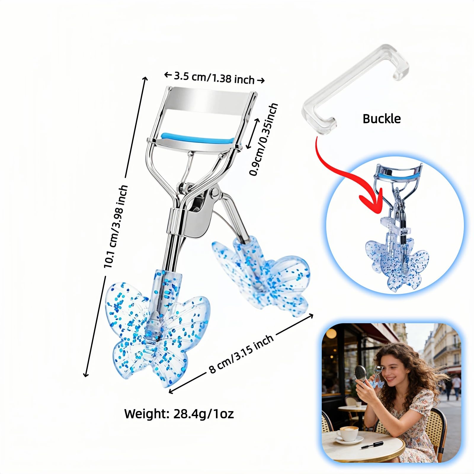 Sequin Butterfly Crystal Handle Eyelash Curler - Effortless Lifting for Straight Lashes, No-Pinch Design for Hooded & Round Eyes, Long-Lasting Curl with Durable Steel, Sunburst Effect, Blue