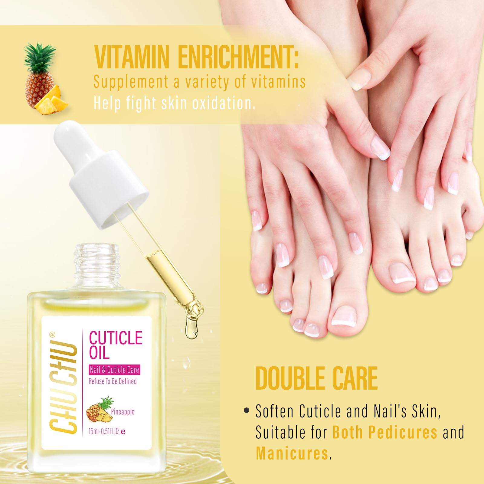 CHUCHU Vegan Cuticle Oil for Nail: Pineapple Scent Natural Vitamin B & E Nail Oil - Hydrates Moisturizes Repairs for Nails Damage Dry Cuticle 0.51 Fl Oz