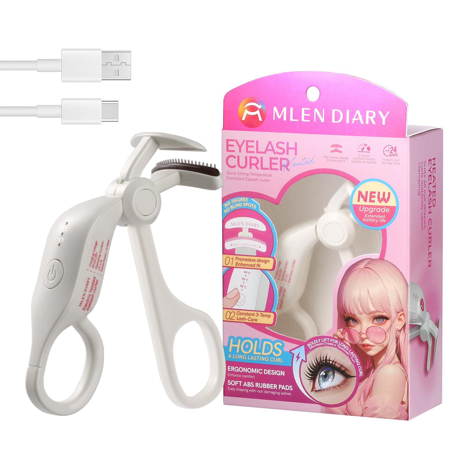 Heated Eyelash Curler, 5s Fast Heat Up & 24H Long-Lasting Curls, Electric Lash Curler with Intelligent Temp Control & Anti-Burn Silicone Pad, Type-C Rechargeable, Quick Natural Curling for All Lashes