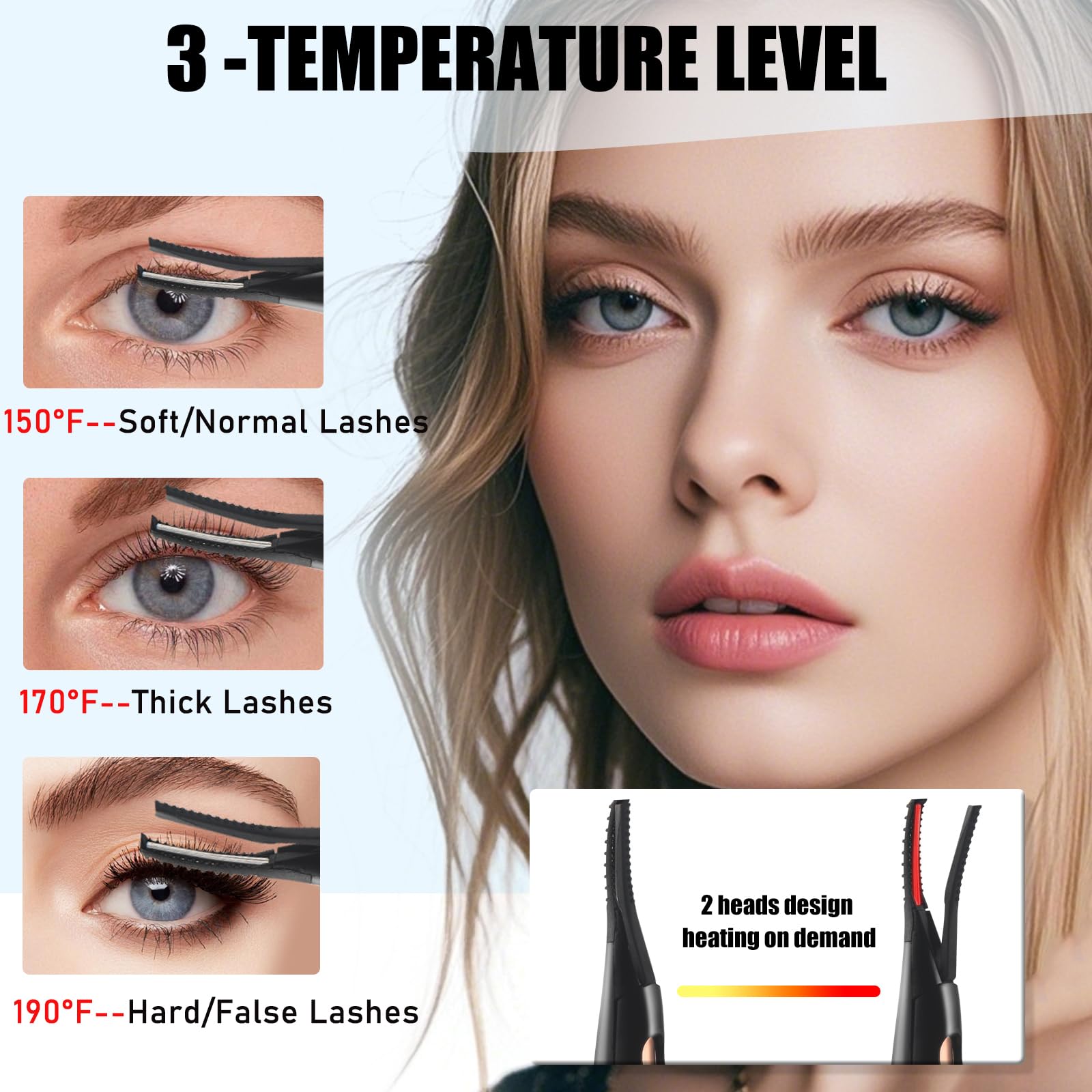 Heated Eyelash Curlers - 2 in 1 Clip- Type Heated lash Curler Best Seller Electric Eyelash Curler LED Display 3 Temp Settings for Makeup Tools USB Rechargeable Natural Curling 24H Long Lasting QI1