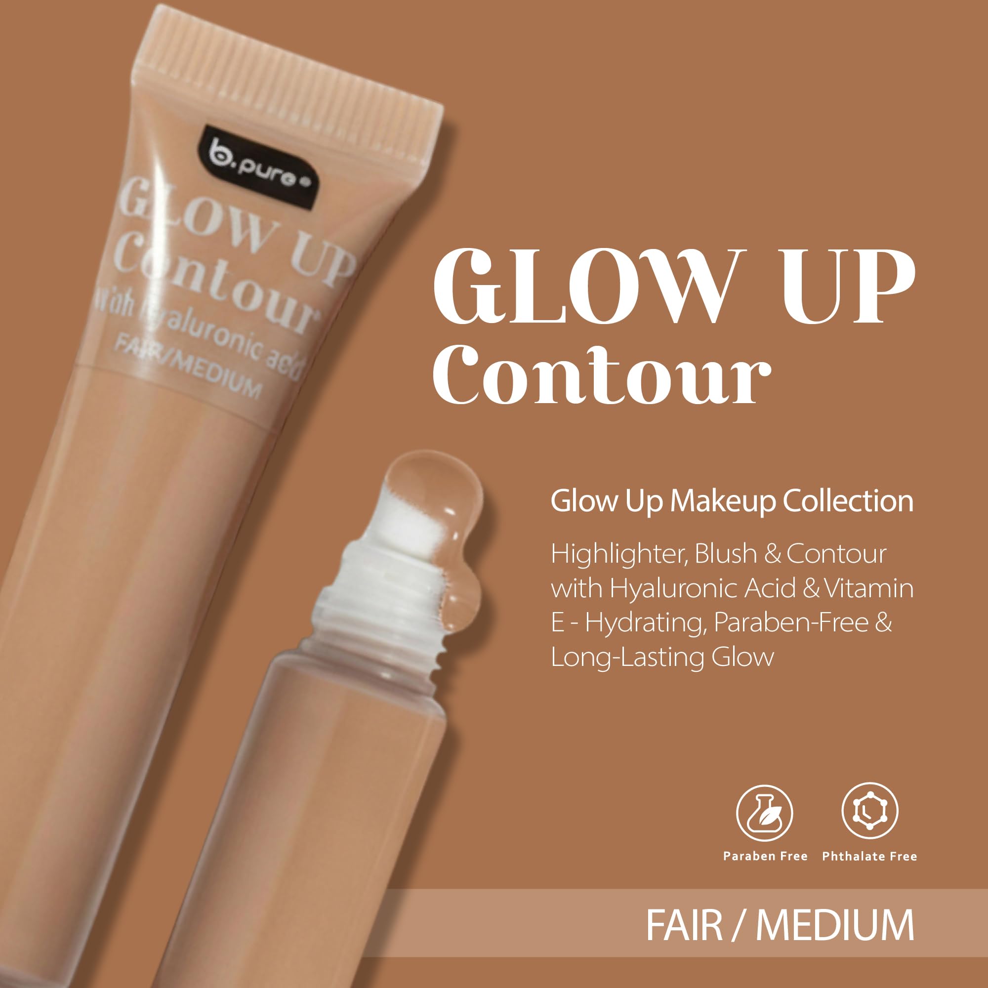b.pure Glow Up Liquid Contour Wand | Hyaluronic Acid & Vitamin E | Blendable, Buildable Formula | Fair/Medium, 0.27 oz, 3-Pack