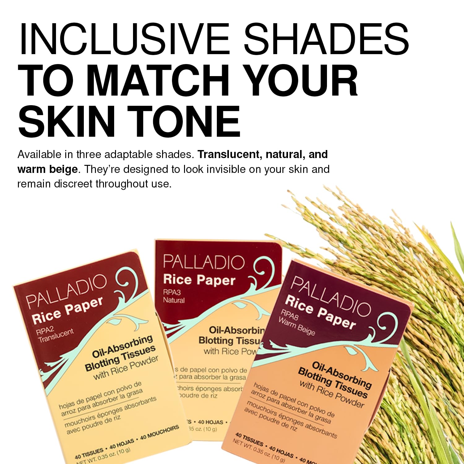 Palladio Rice Paper Facial Tissues for Oily Skin, Face Blotting Sheets Made from Natural Rice, Oil Absorbing Paper with Rice Powder, 2 Sided, Instant Results, Translucent, 40 Count, Pack of 1