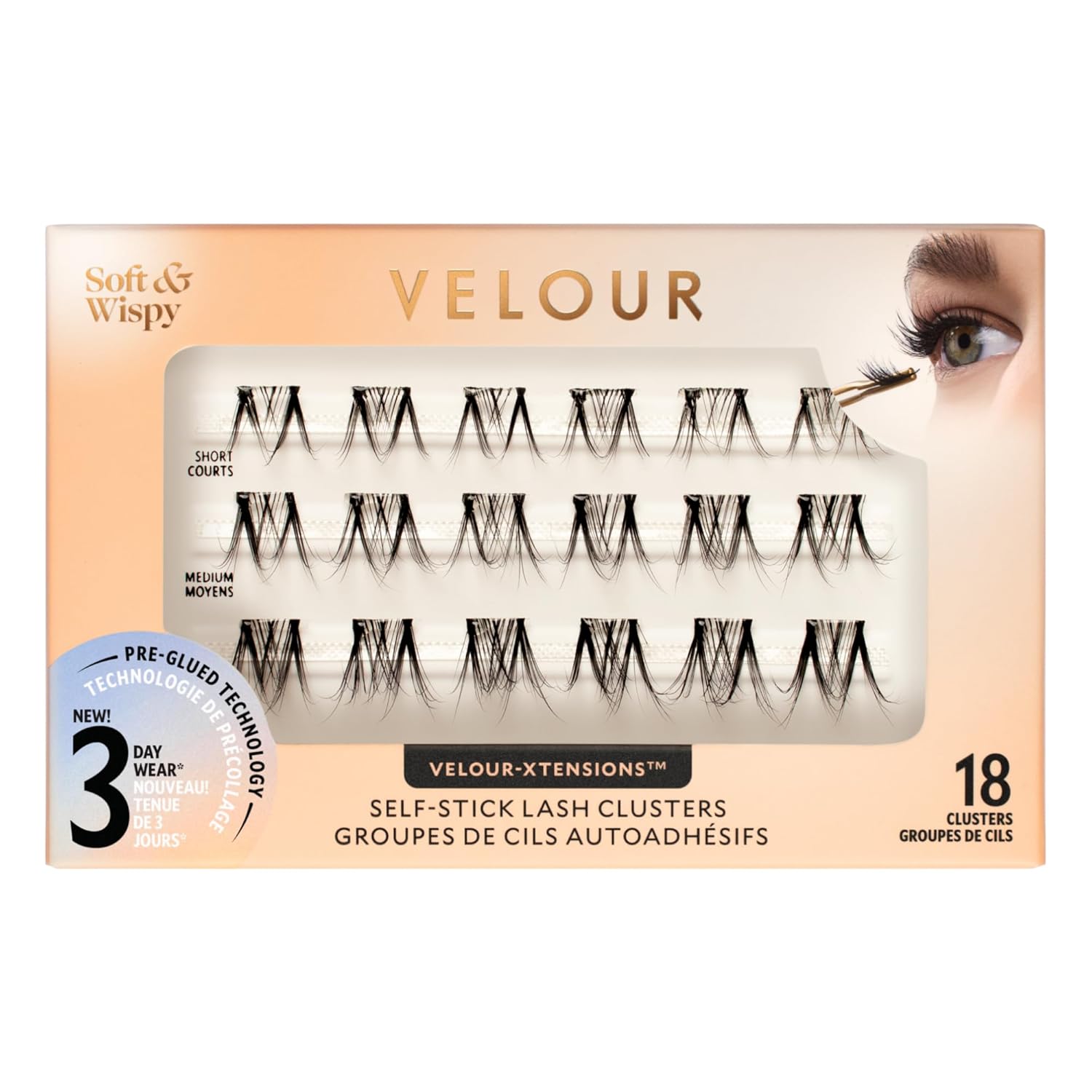 Velour-Xtensions™ Self-Stick Lash Clusters Kit, Self Adhesive Eyelashes with 12 Lash Cluster and Lash Applicator, New No Glue Technology for Lightweight Natural Look at Home