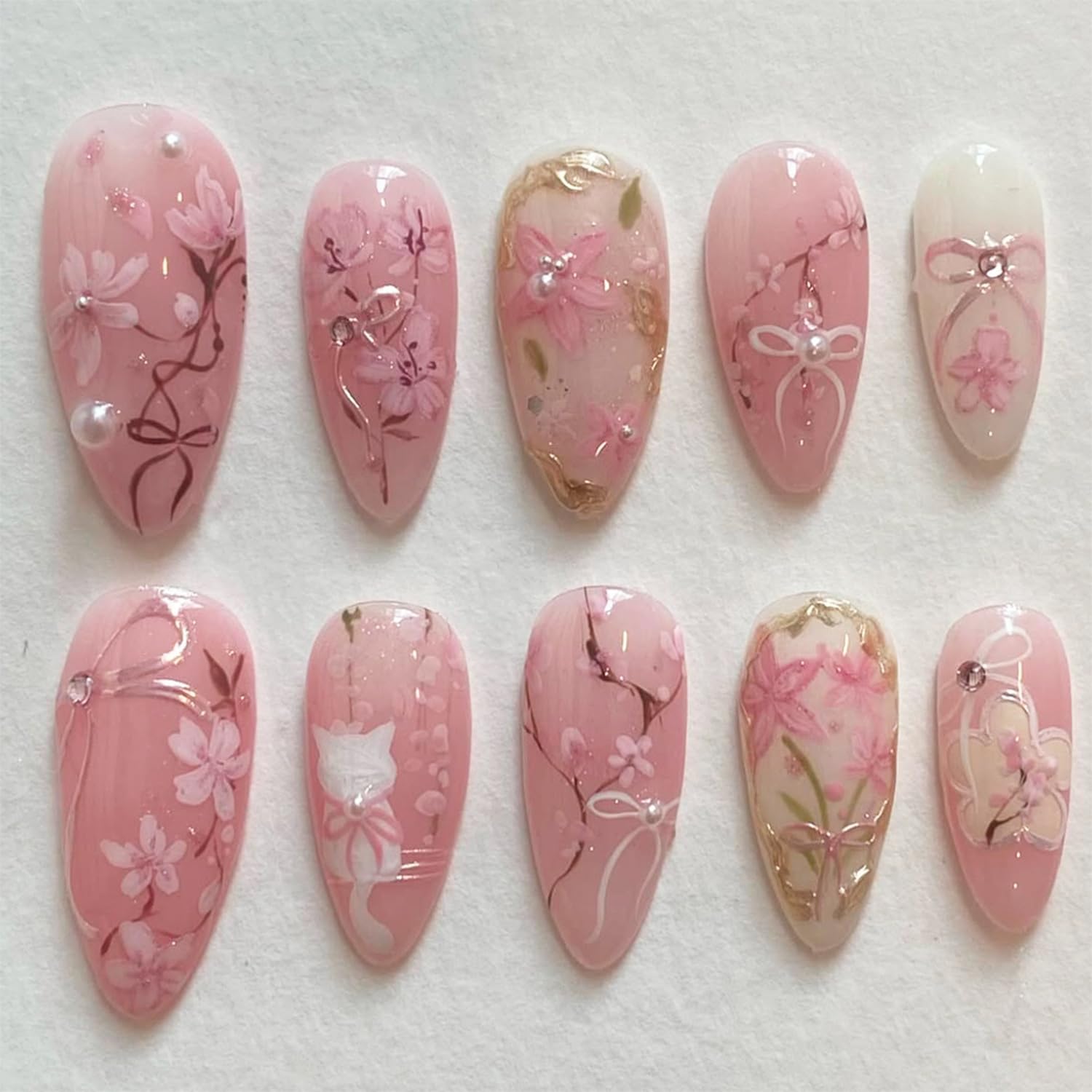 FDSQHSA 30pcs Pink Flower Cute Cat Almond Acrylic Press-On False Nails Kit with Rhinestone Pearl Designs, Bow, Summer Floral Nail Decoration